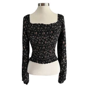 NWT Easel Black White Red Floral Dot Smocked Crop Top M